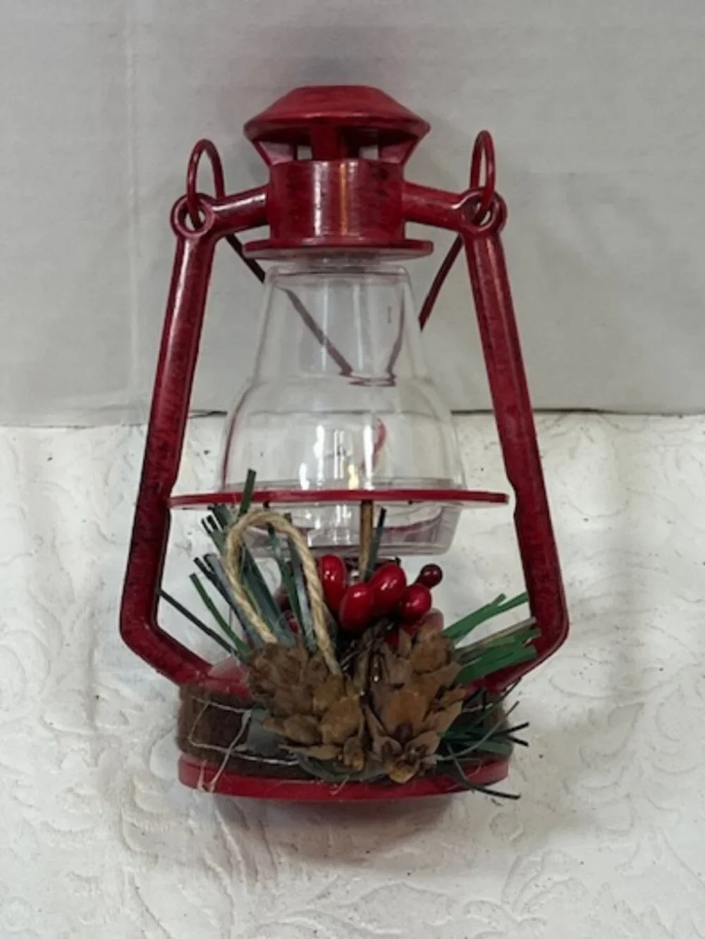 Lantern Red Plastic Pine Cone Berries Decoration Christmas Holiday Ornament 4.5